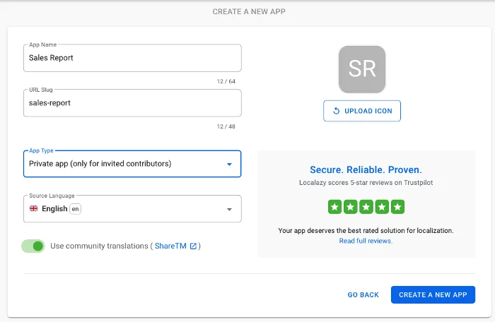 Localazy New App Screen
