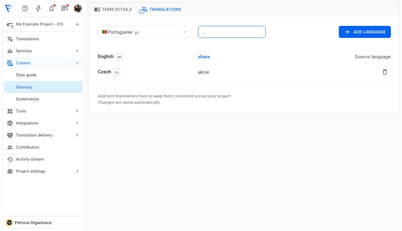 Localazy Tutorial - Adding translations to glossary terms