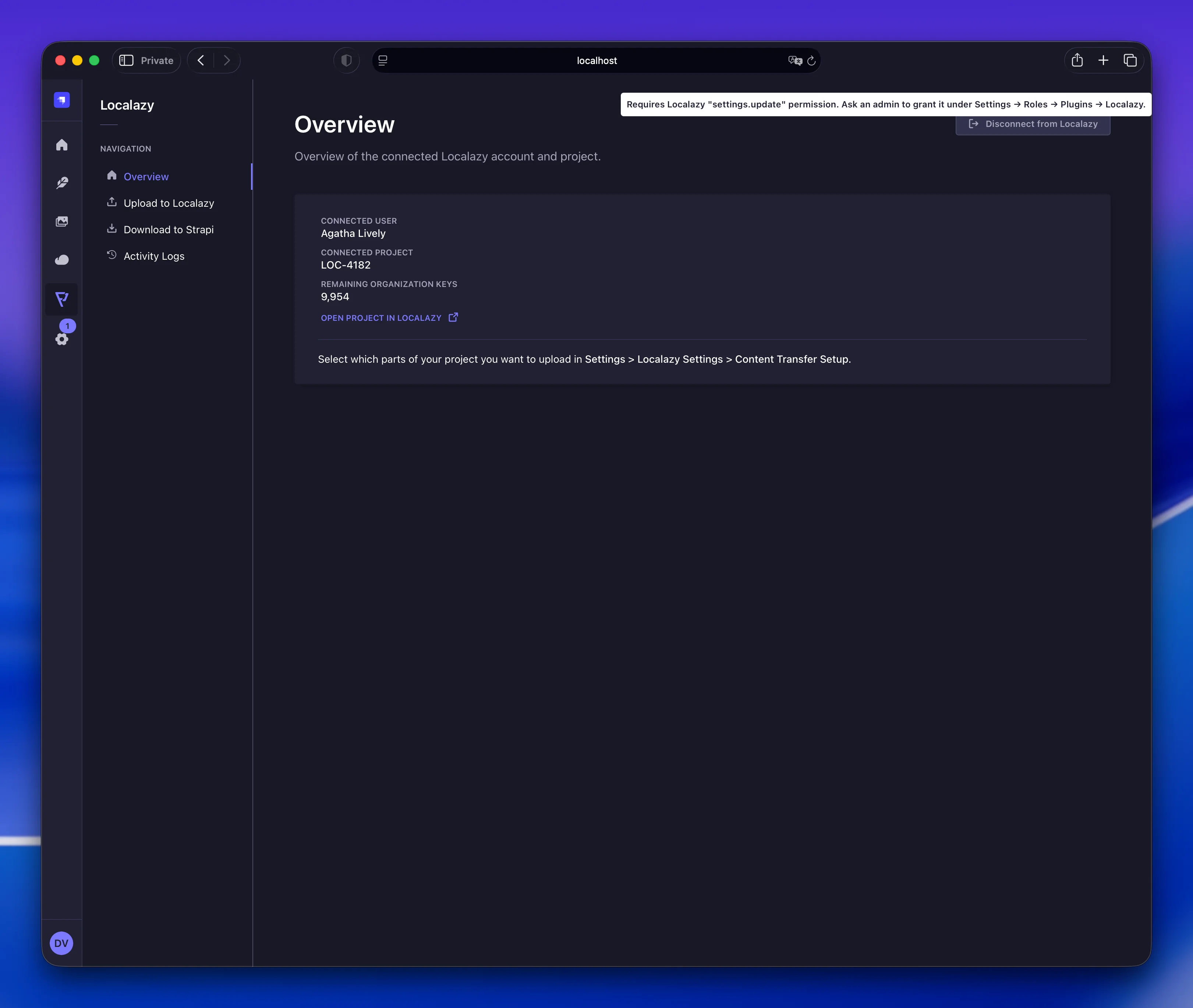 Missing Localazy -> Settings -> Update permission