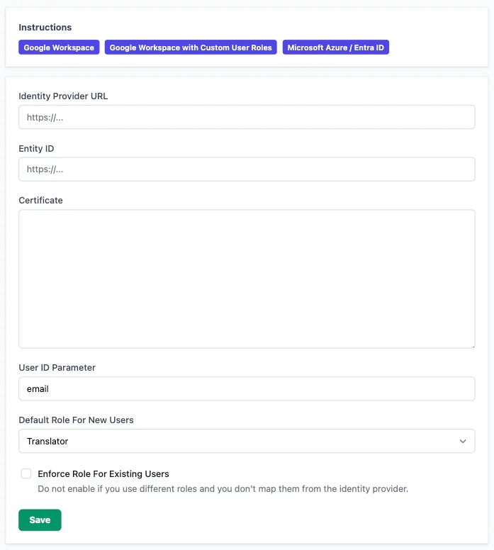 SSO Configuration Screen in Localazy Console