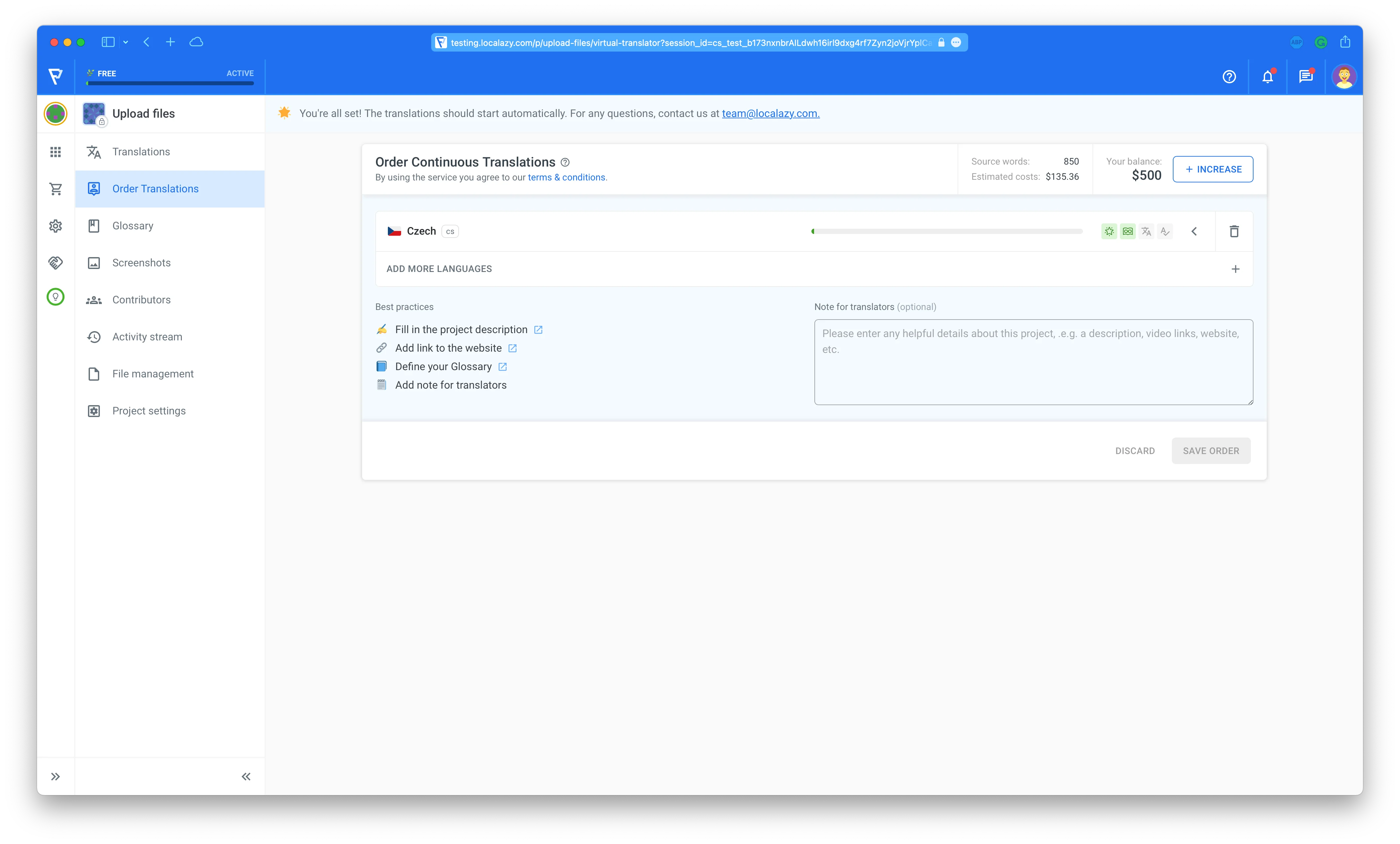 Localazy Order Translations - Sucessful Setup