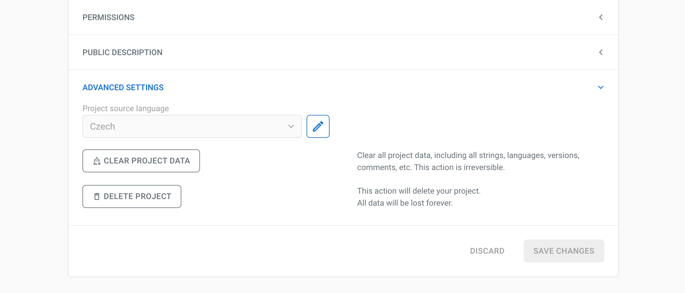 Localazy project settings - advanced settings