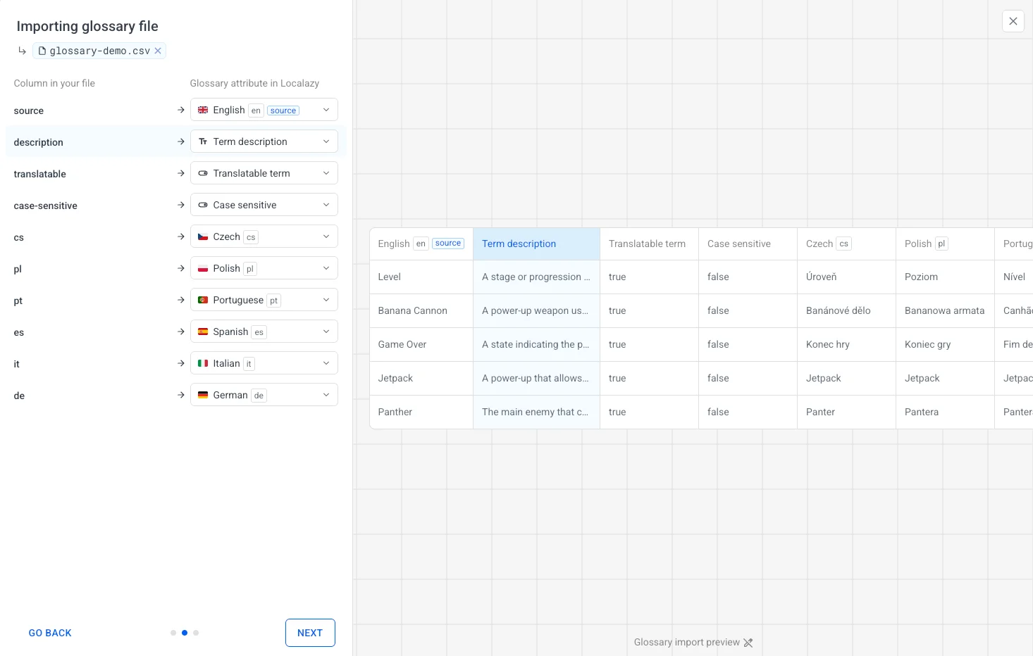 Localazy Glossary - Column mapping during import