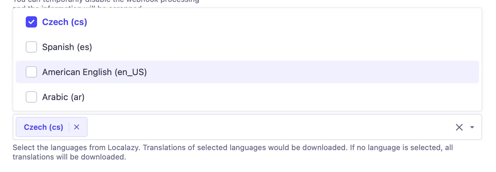 Strapi Localization Plugin - Global Settings - Allowed webhook languages