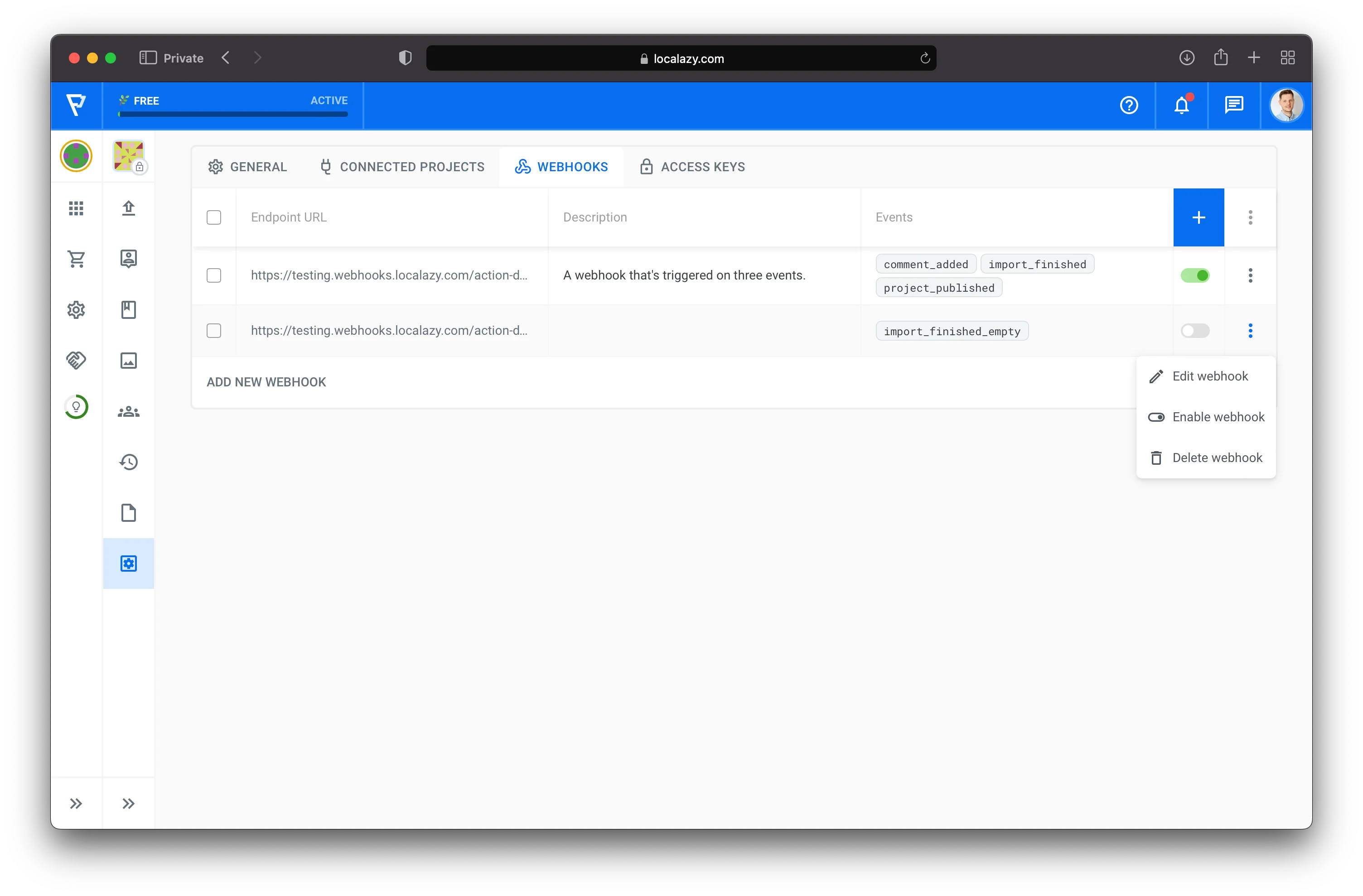 Webhooks Overview Table - actions