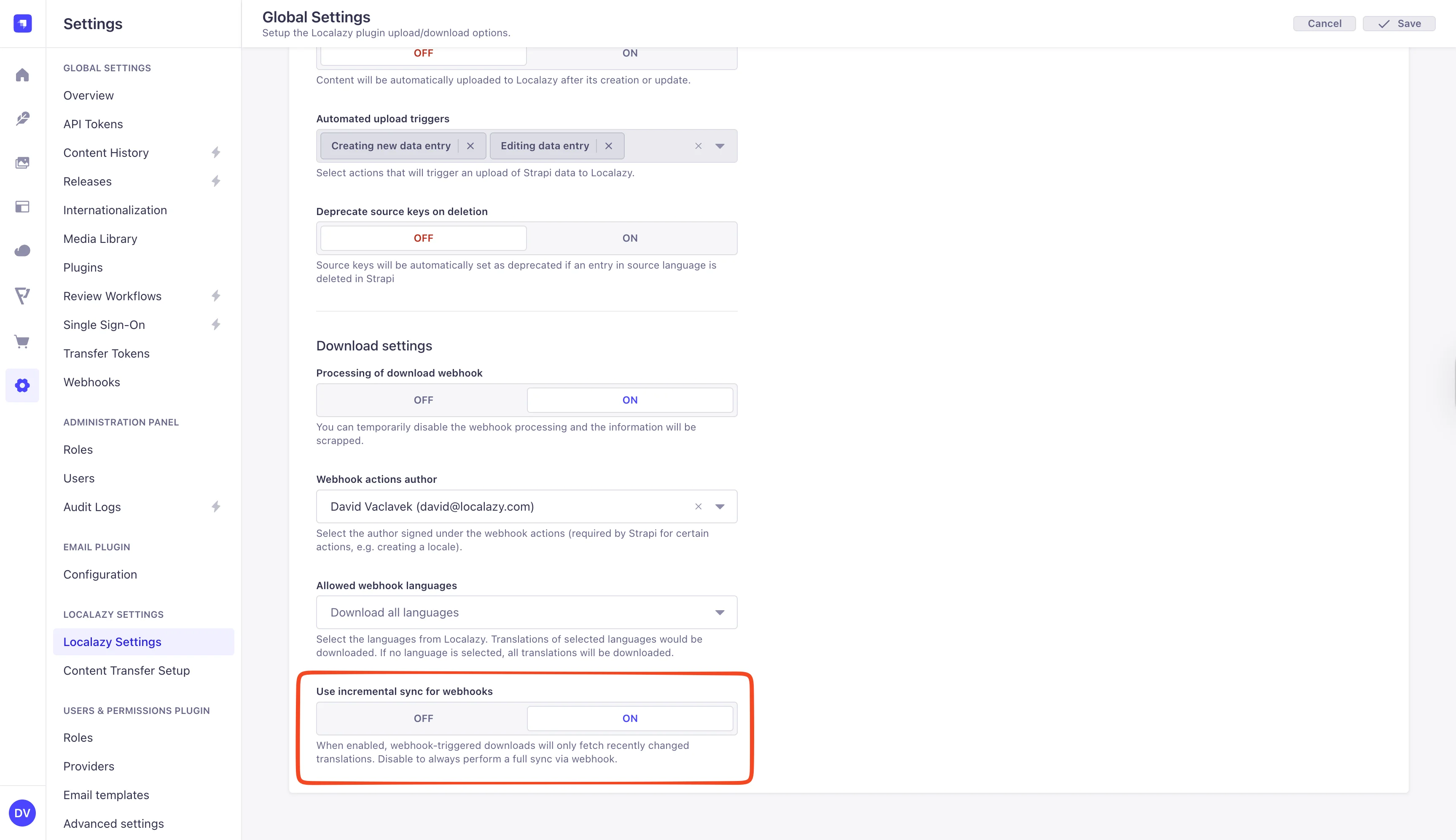 Strapi Localization Plugin - Global Settings - Use incremental sync for webhooks