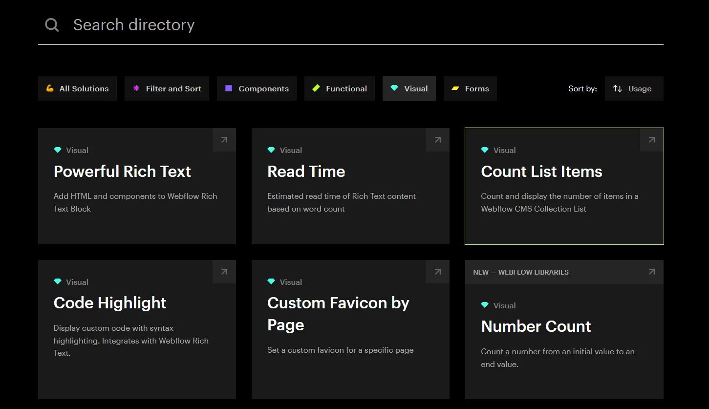 Finsweet’s directory of Webflow components, displaying options for features like read time, custom favicons, and counting items in a CMS Collection List.