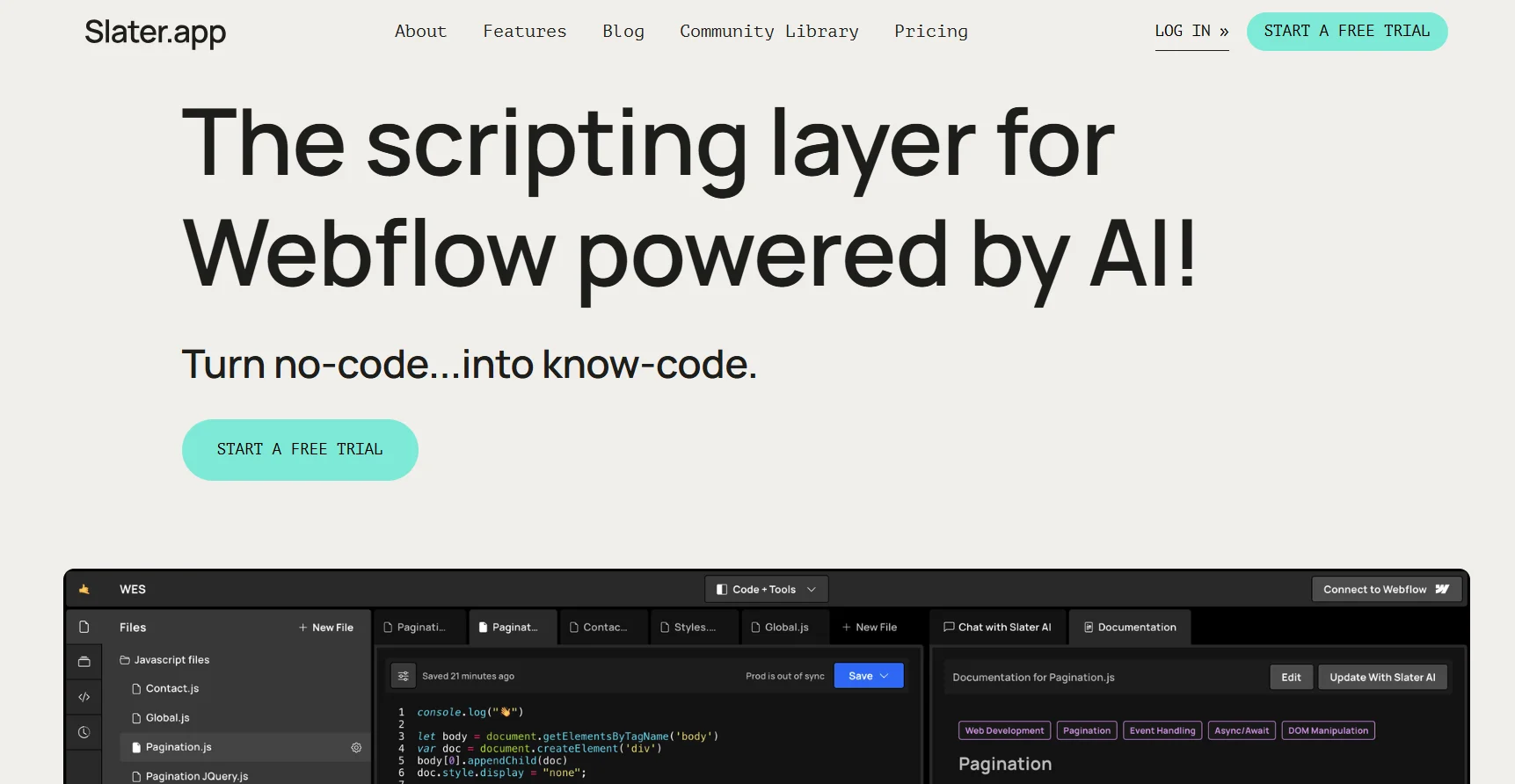 Slater platform interface displaying JavaScript code for pagination and integration with Webflow, with options for saving and editing.