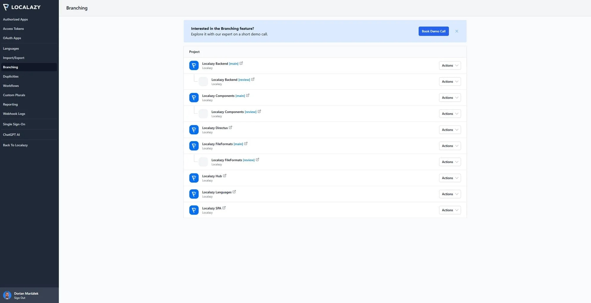 The Branching feature in Localazy's developer console.