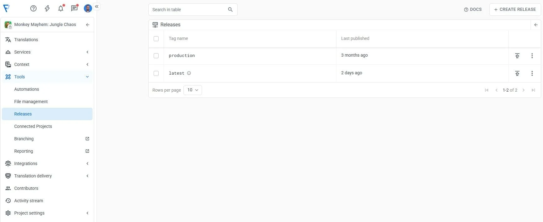 The Releases feature inside the Localazy UI.