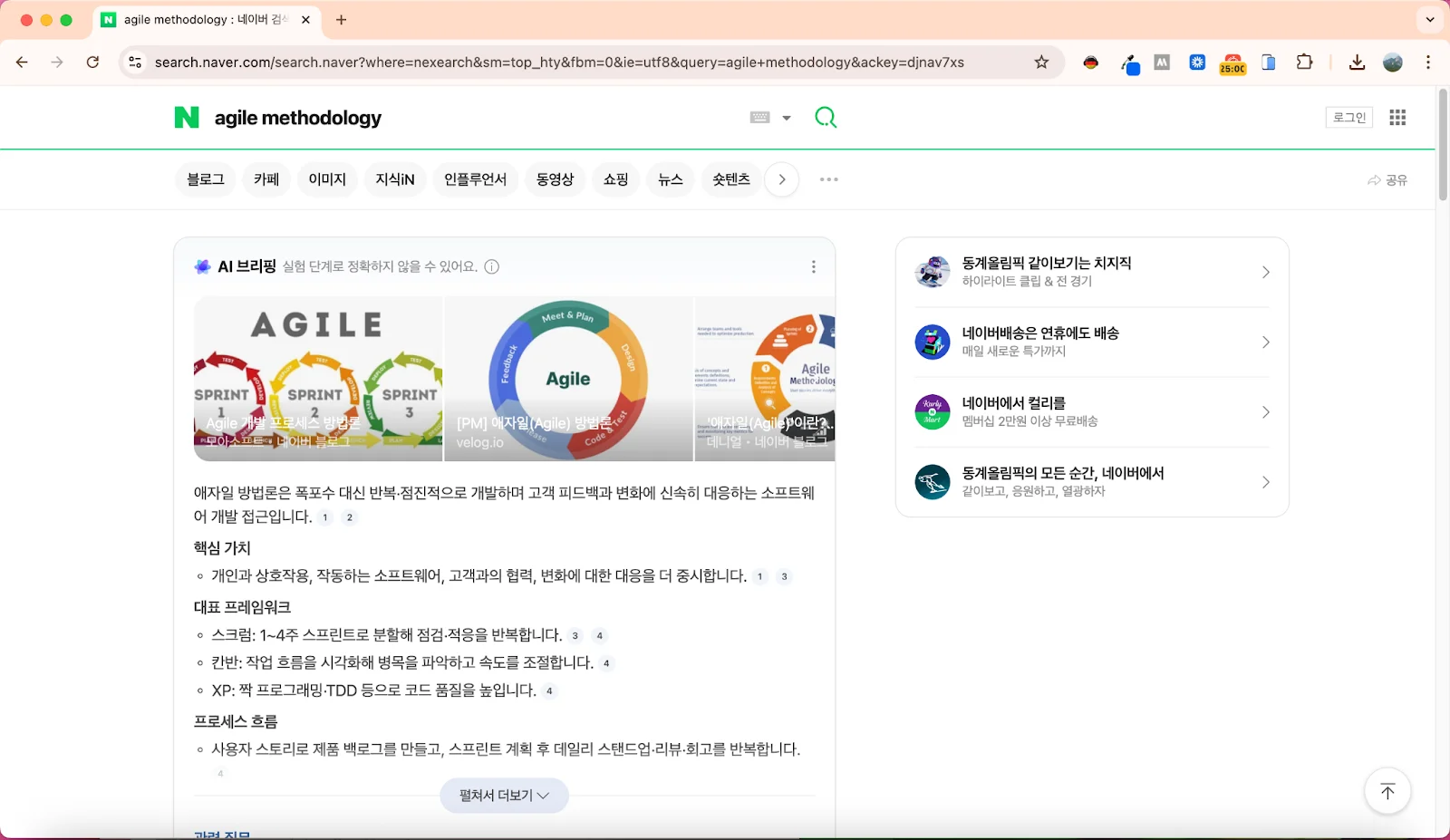Naver search results for "agile methodology".
