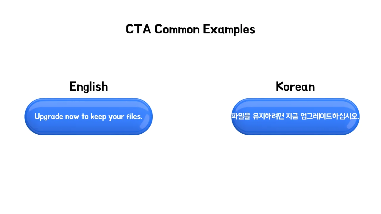 Example of copy for CTA in English vs. Korean for the sentence "Upgrade now to keep your files."