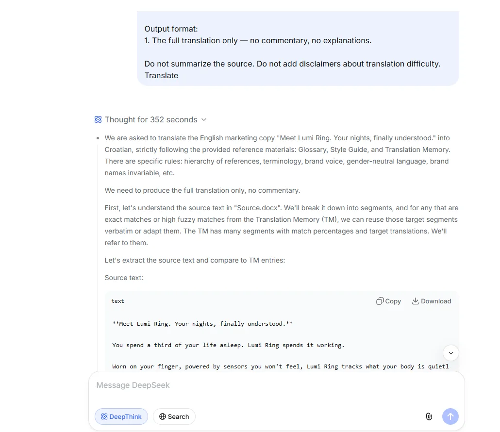 English to Croatian translation in DeepSeek R1.