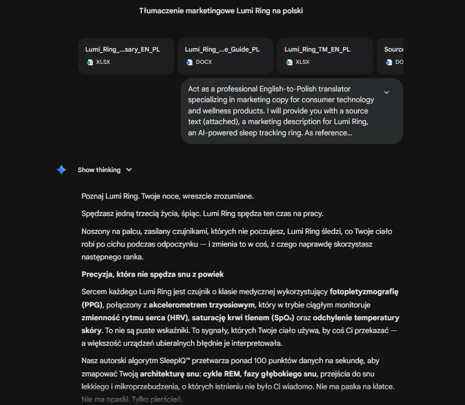 English to Polish translation in Gemini 3 Thinking.