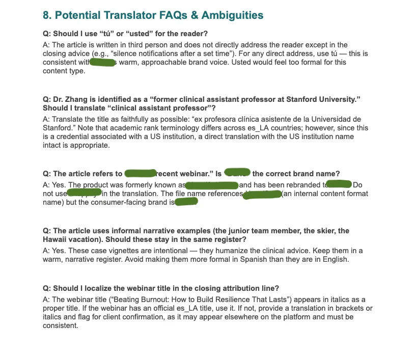 Sample FAQ section generated with the help of Claude, anticipating the questions translators would otherwise ask mid-project.