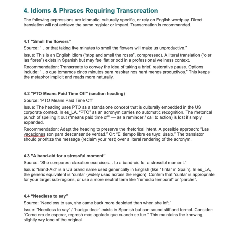 Sample of idiom flags generated with Claude to identify phrases that need transcreation rather than direct translation.