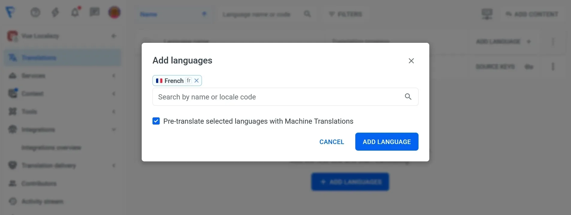 Adding a new language (French) to a Localazy translation project.