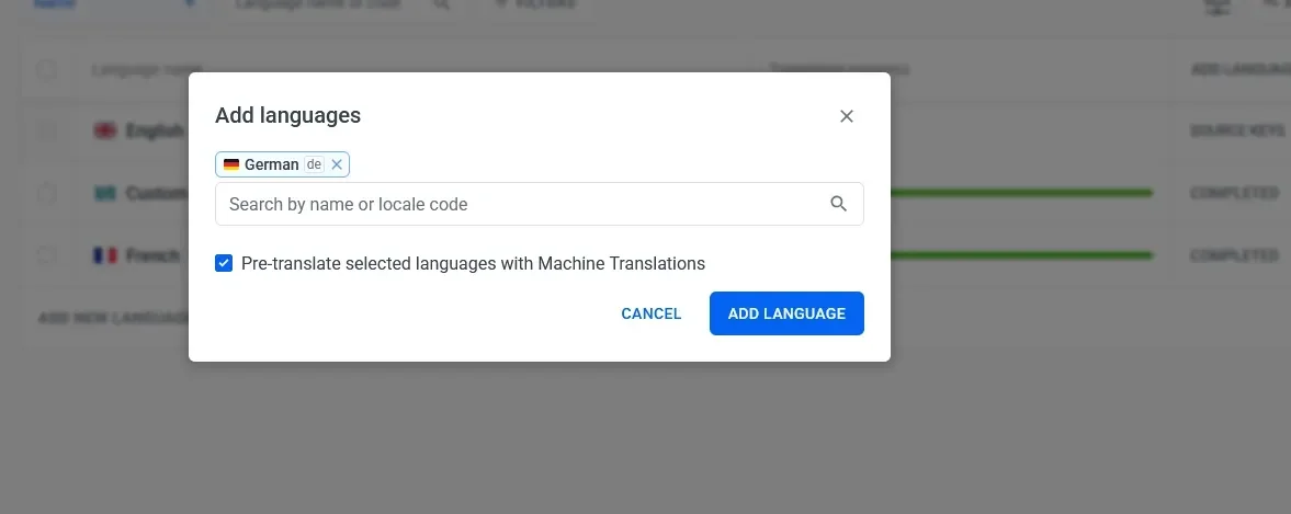 Adding a new language (German) to a Localazy translation project.