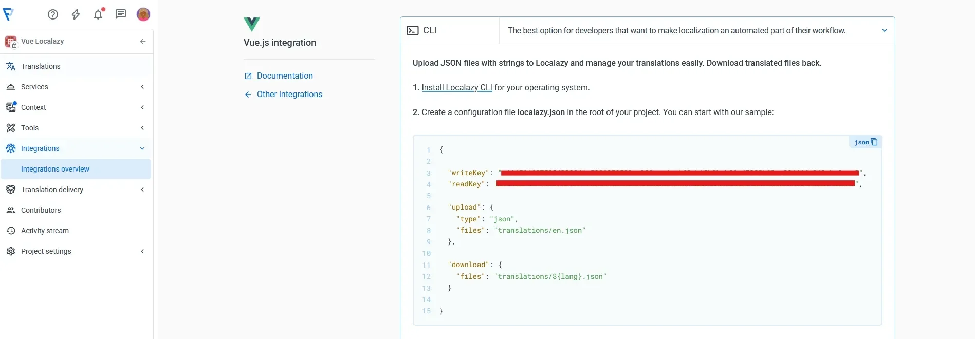 Vue.js integration screen within the Localazy UI.