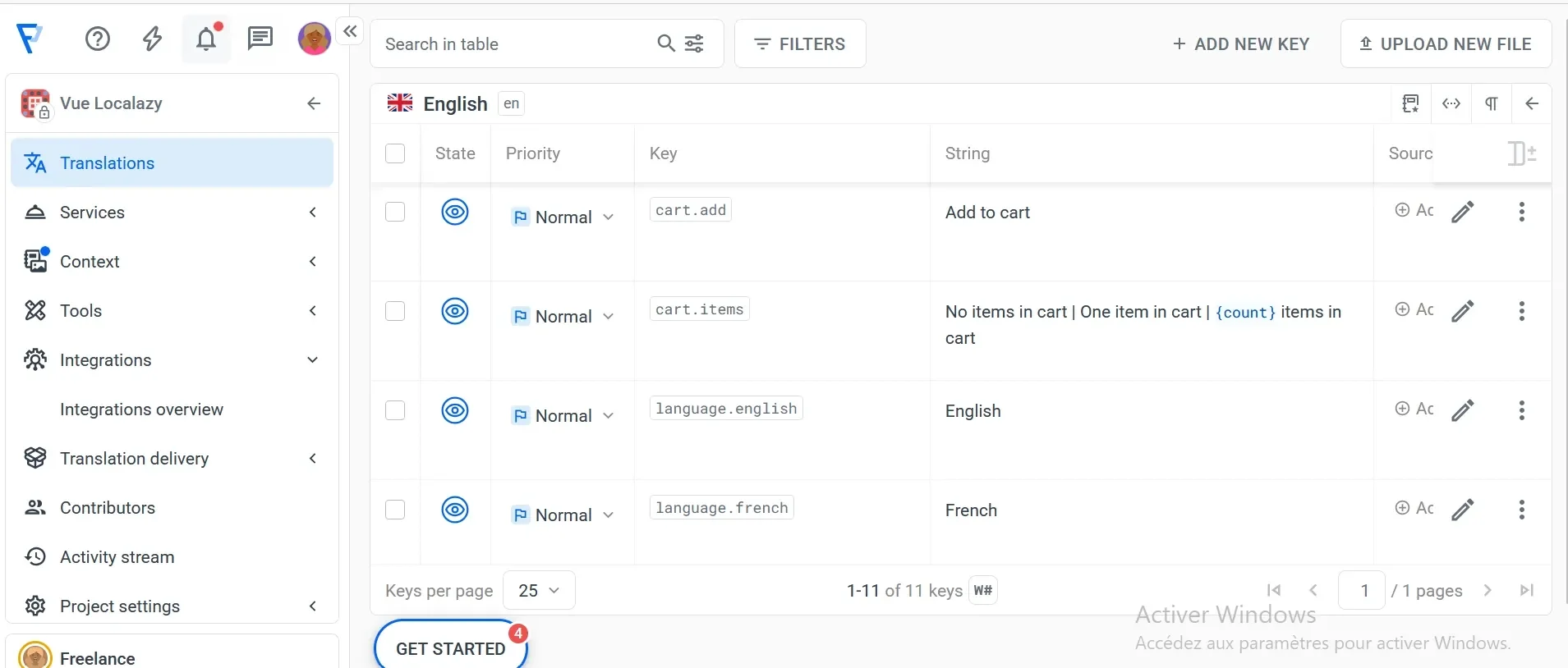 Translation keys in the Localazy dashboard.