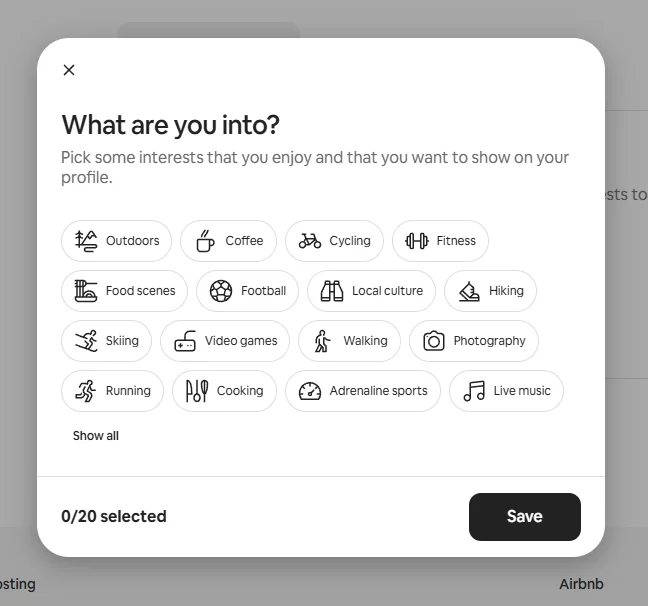 Airbnb’s UK interface lists "football" as an interest.