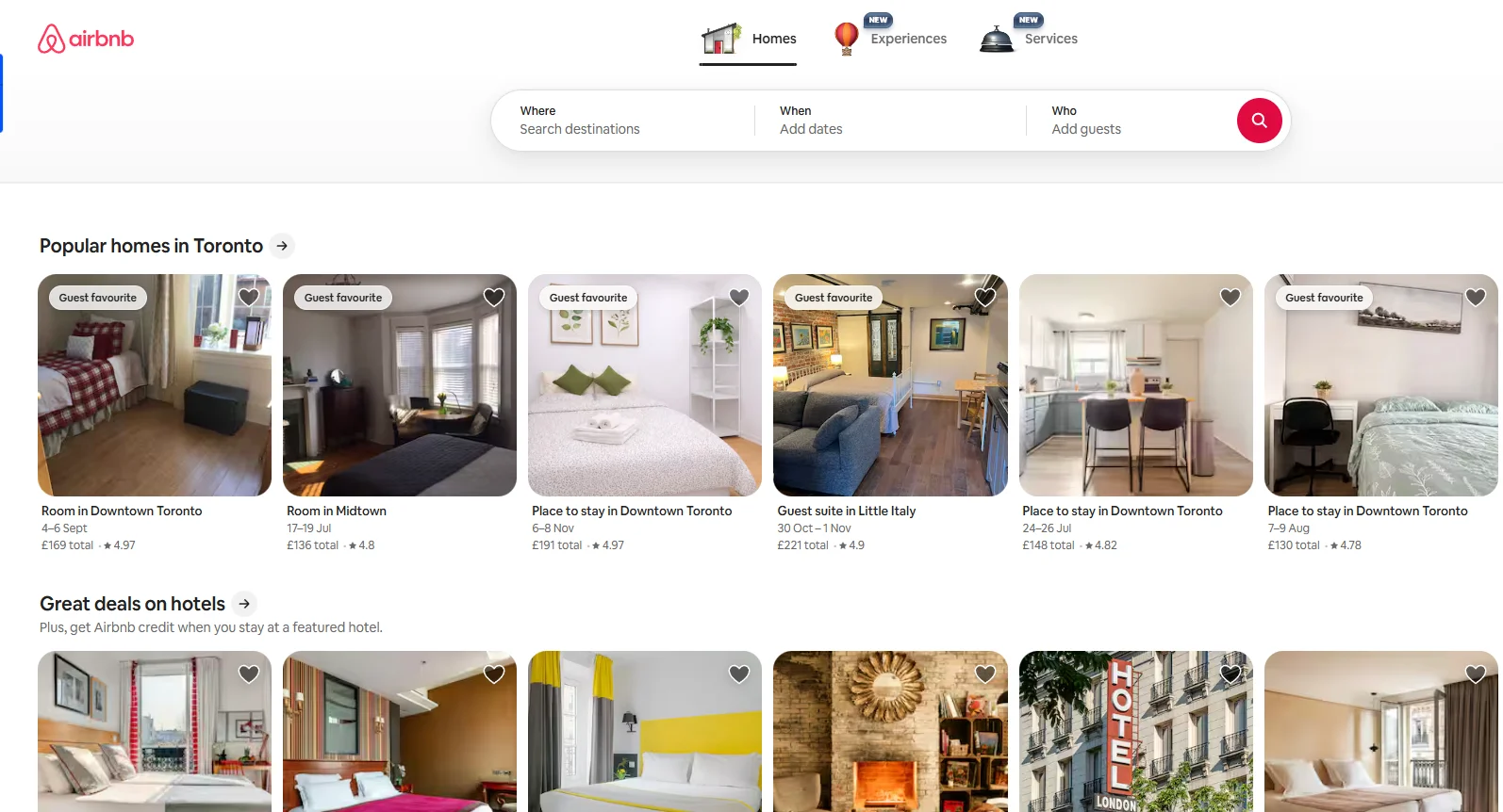  Airbnb’s UK start page uses local currency and spelling.