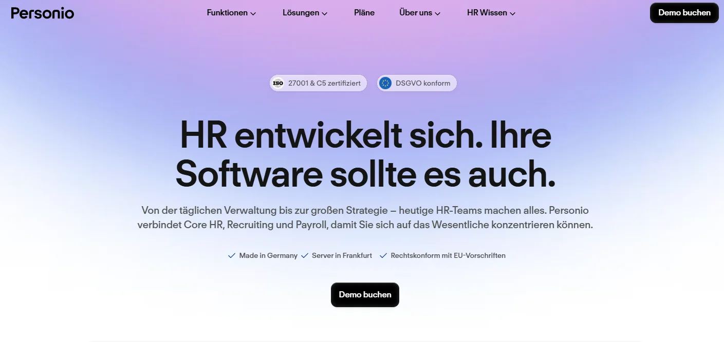 Personio’s German start page focuses on GDPR compliance and reassures customers about the location of its servers.