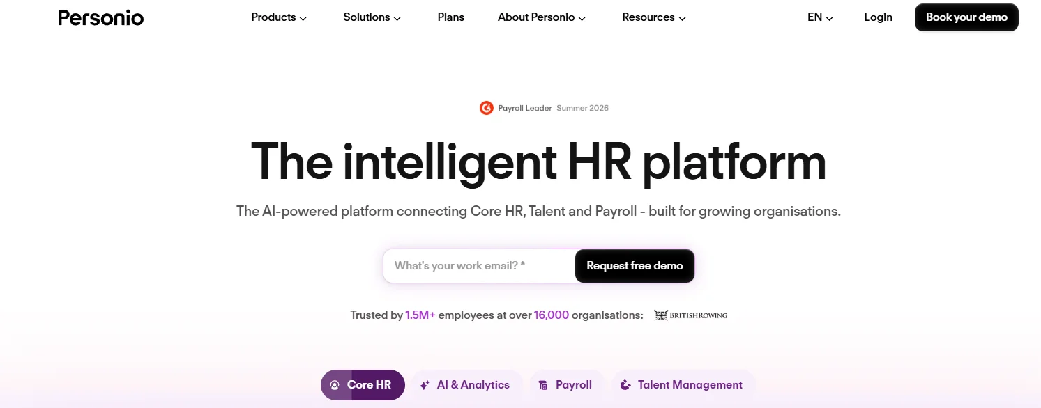 Personio’s UK start page showcases UK brands that use the software and highlights its AI features.
