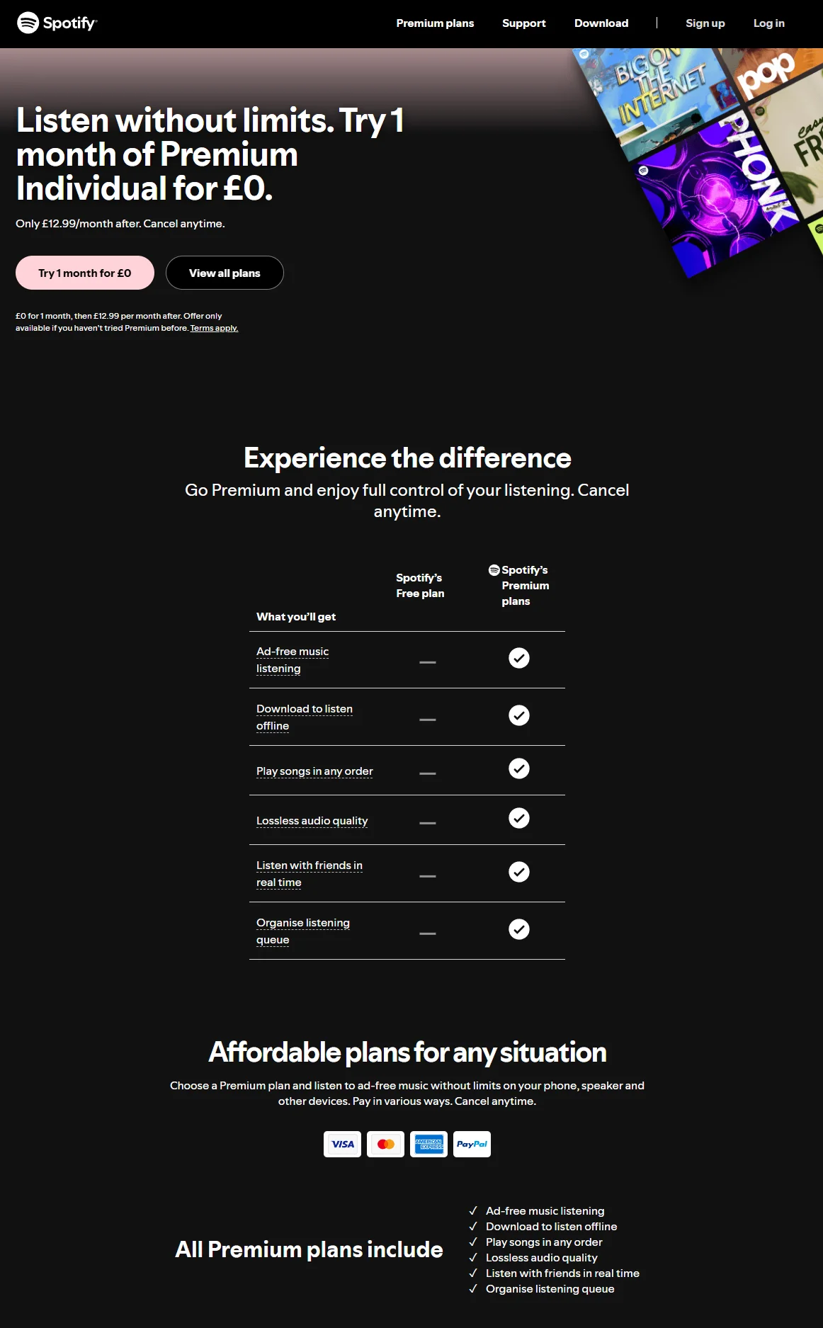 Spotify adapts the customer experience for the UK with GBP pricing, British English and local payment methods without changing its brand identity.