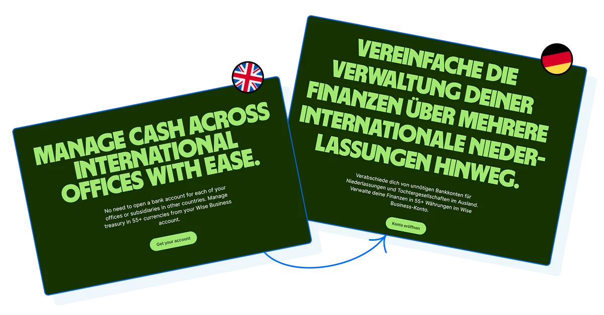 An example of in-app text expansion when translating from English to German.