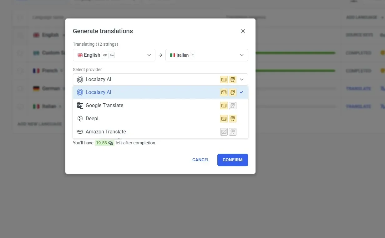 Choosing Localazy AI to translate from English to Italian inside the Localazy dashboard.