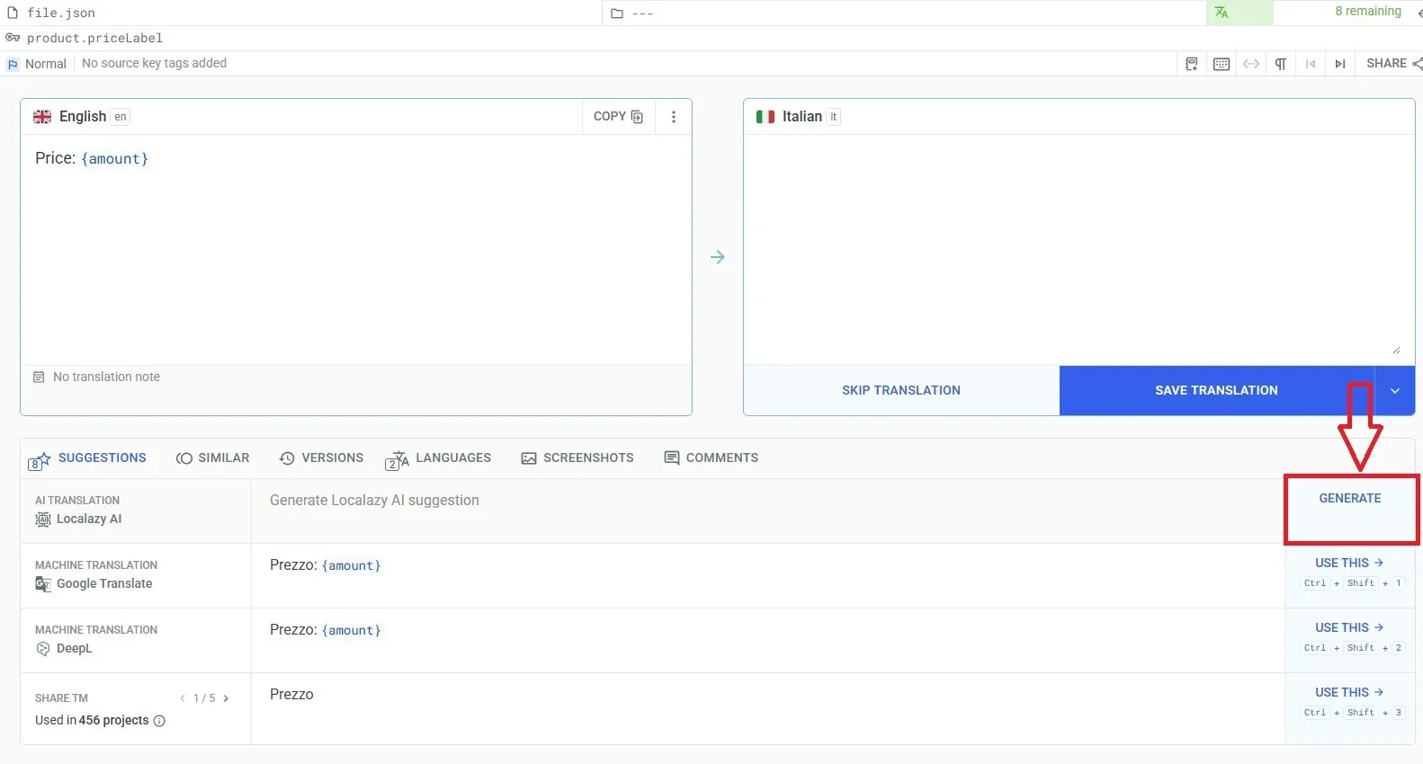 Localazy AI generation option within a translation key.