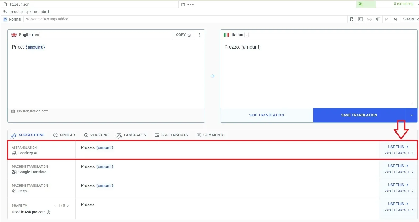 Localazy AI suggestion for an English to Italian translation.