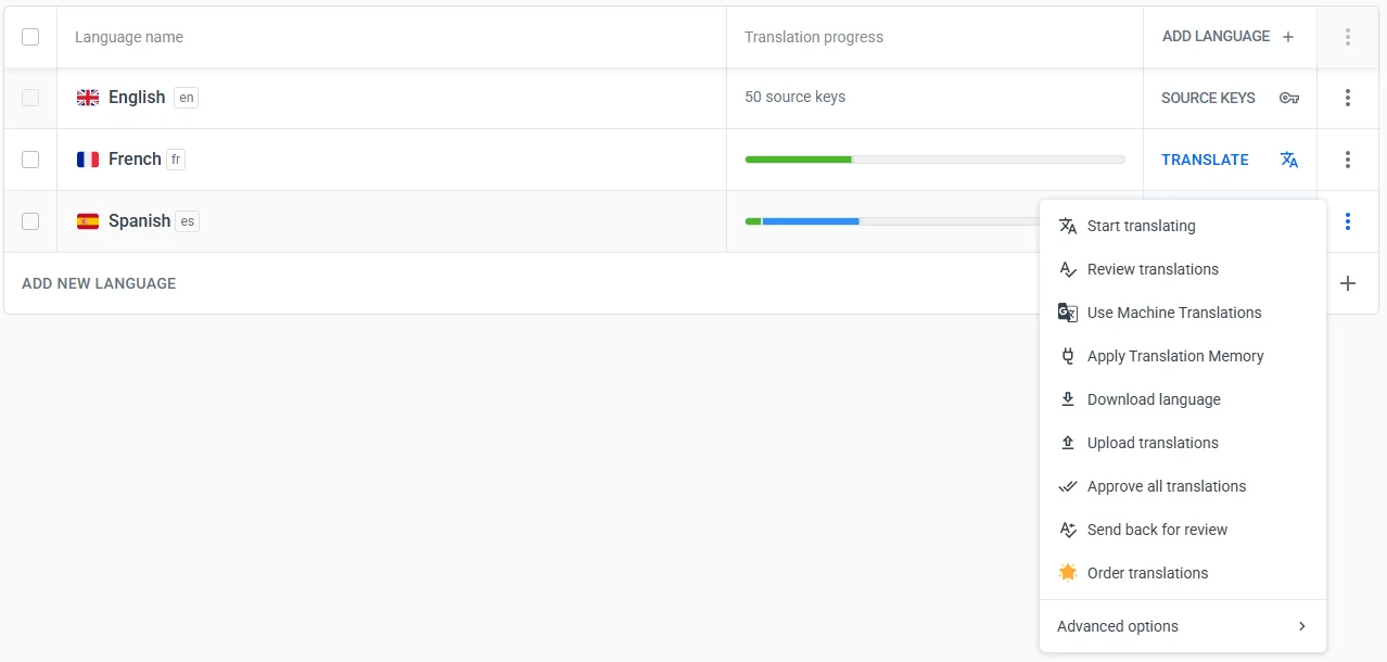 Translation options inside the Localazy UI.