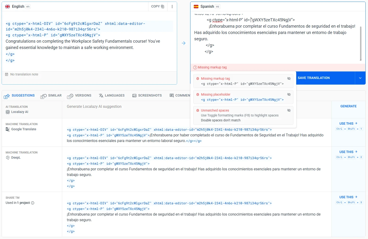 Validation issues flagged inside a string in Localazy.