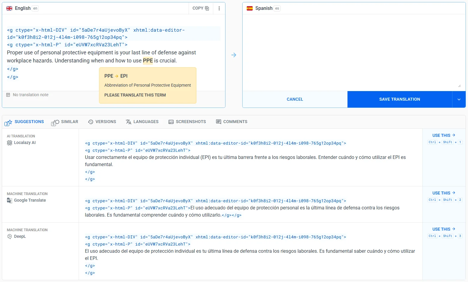 Translation of iSpring Suite content inside the Localazy UI.