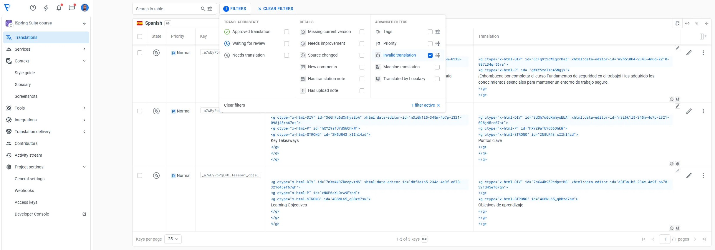 Validation issues flagged inside Localazy.