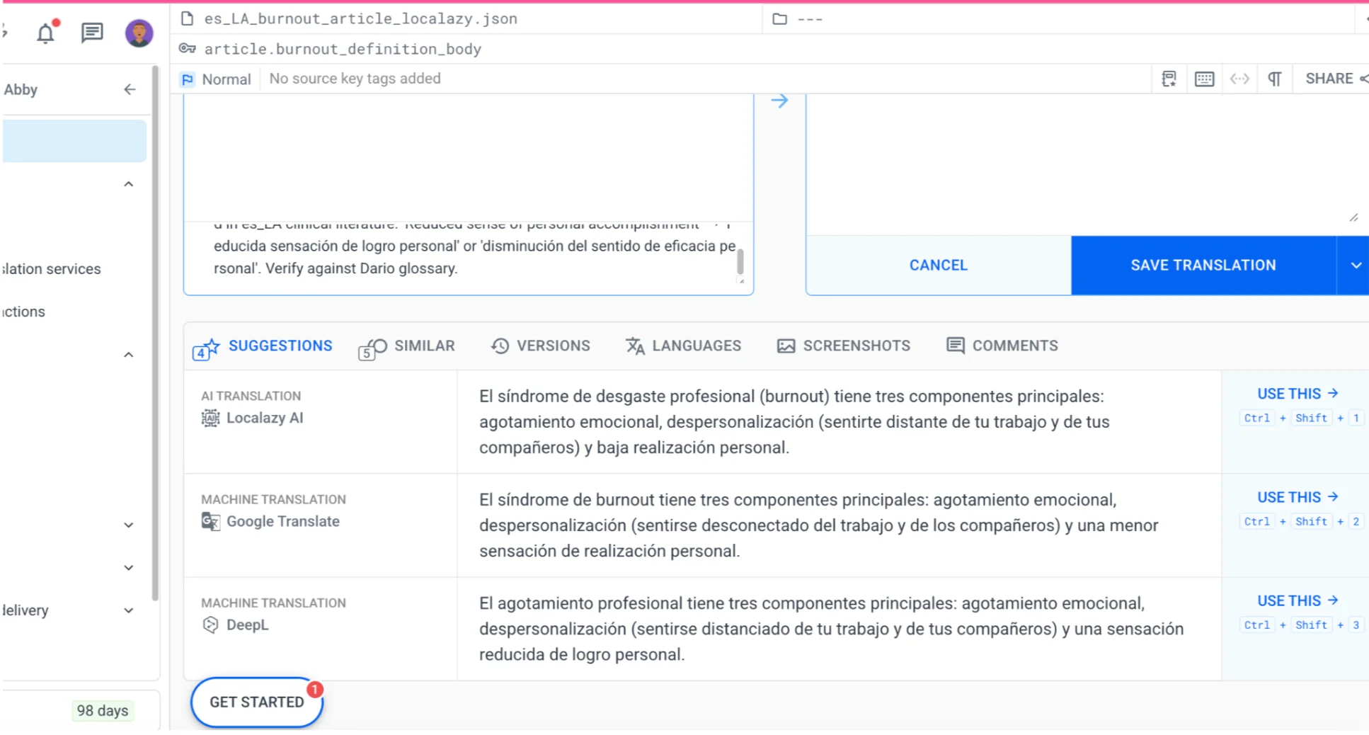A "verify against glossary" JSON note in a specific string on the Localazy UI.