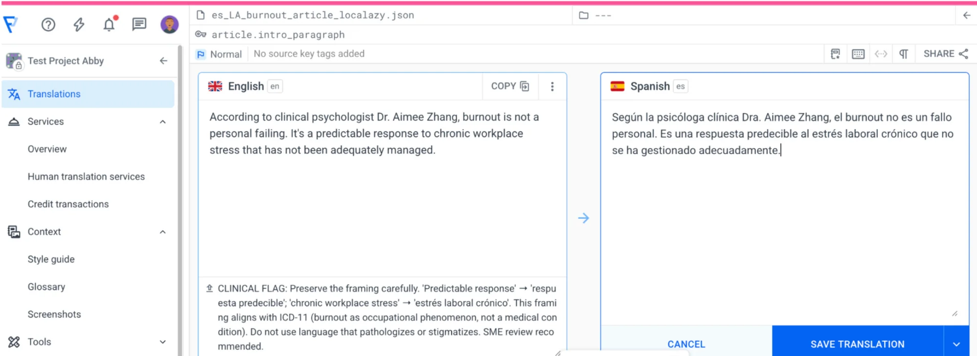 A "Clinical flag" note for expert review inside a specific string on Localazy.