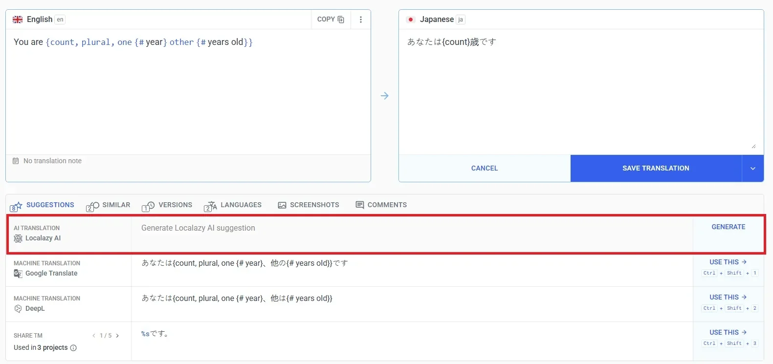 Generating a Localazy AI suggestion for a string.