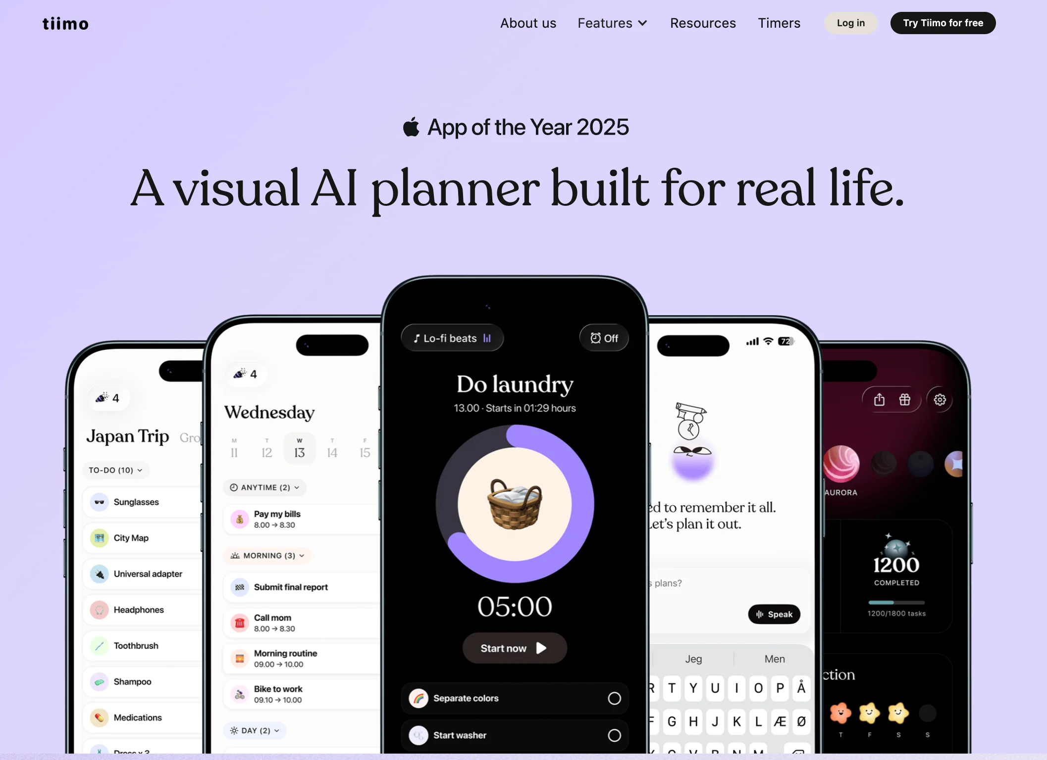 Screenshot of the Tiimo website showing several use cases for the app.