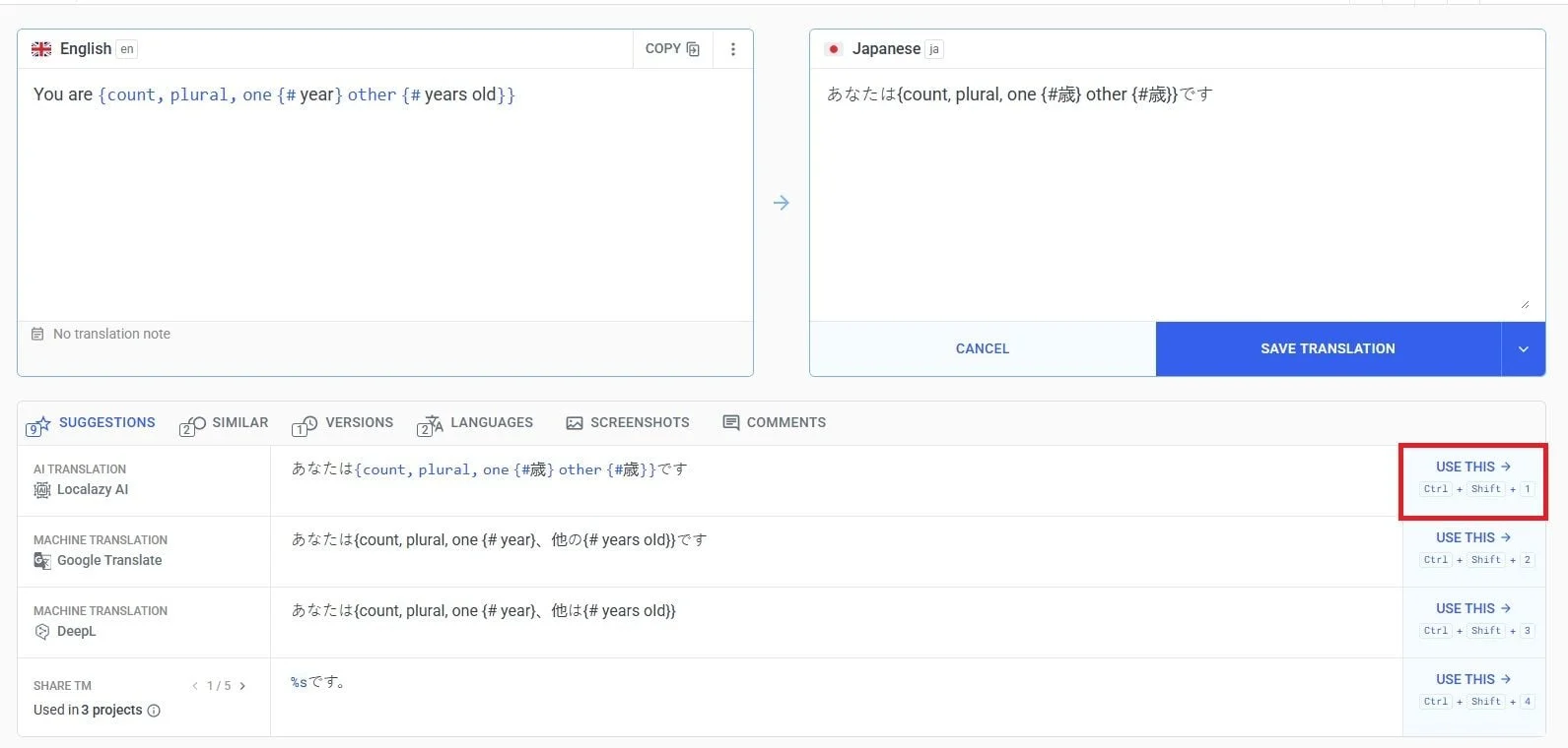 Using a Localazy AI suggestion for a string.