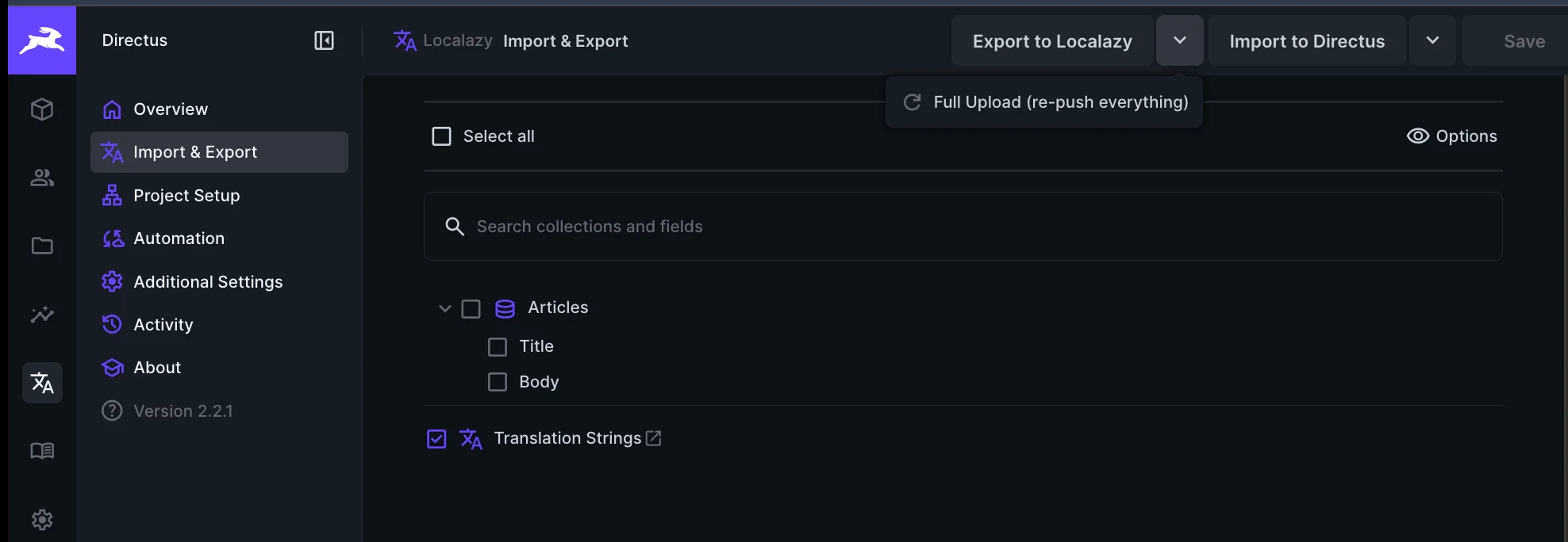 The Import & Export tab inside the Localazy plugin screen in Directus.