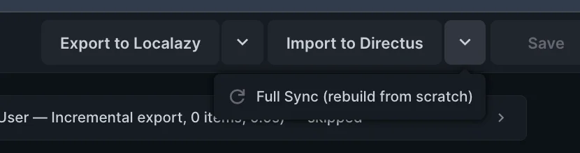 The "Export to Localazy" and "Import to Directus" options.