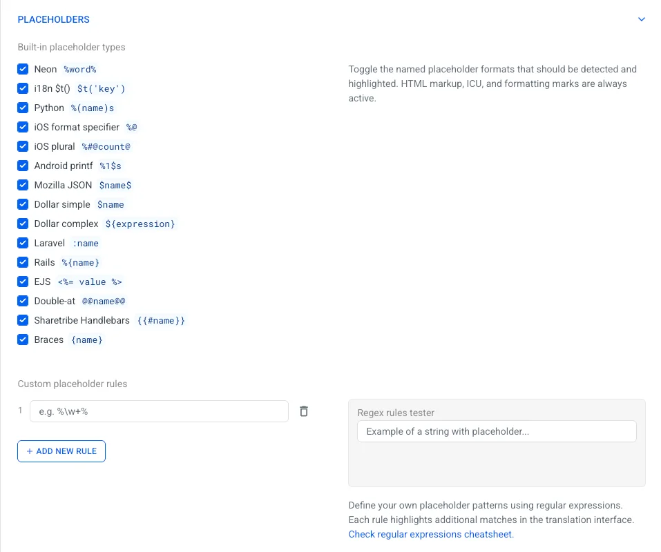 Placeholders in the Localazy project settings.