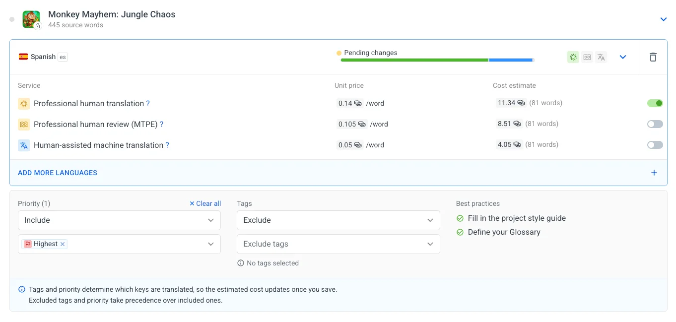 New tag and priority filters for Human translation services.