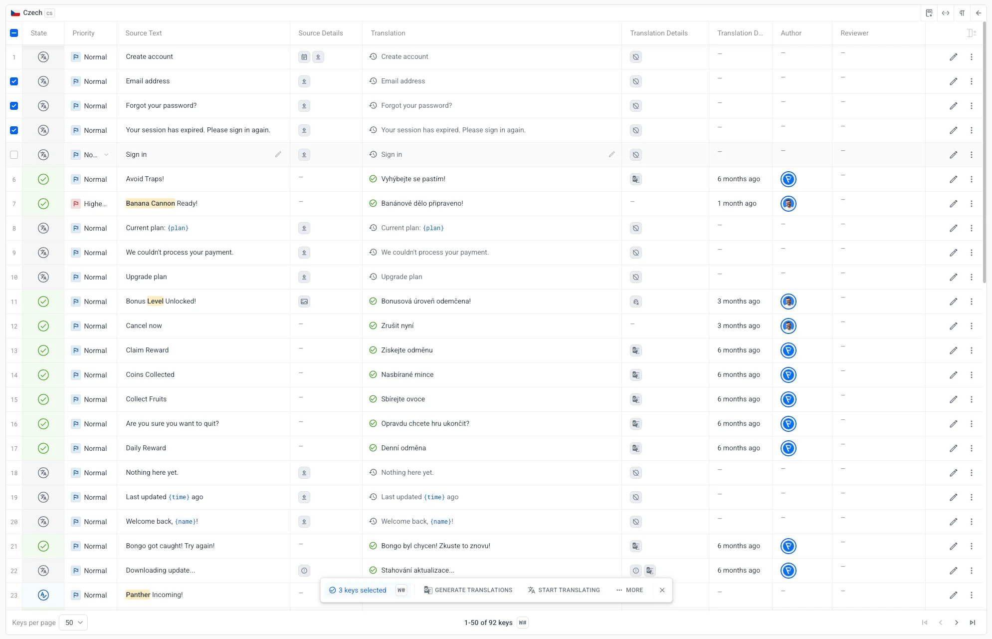 New Localazy translation table with flexible layout and richer options.