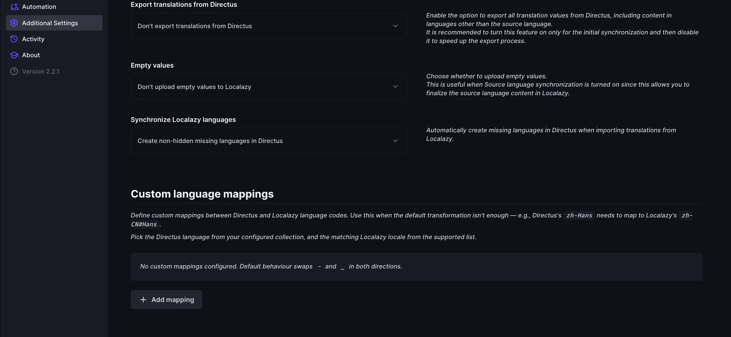Custom language mappings option inside the "Additional Settings" tab in Directus.