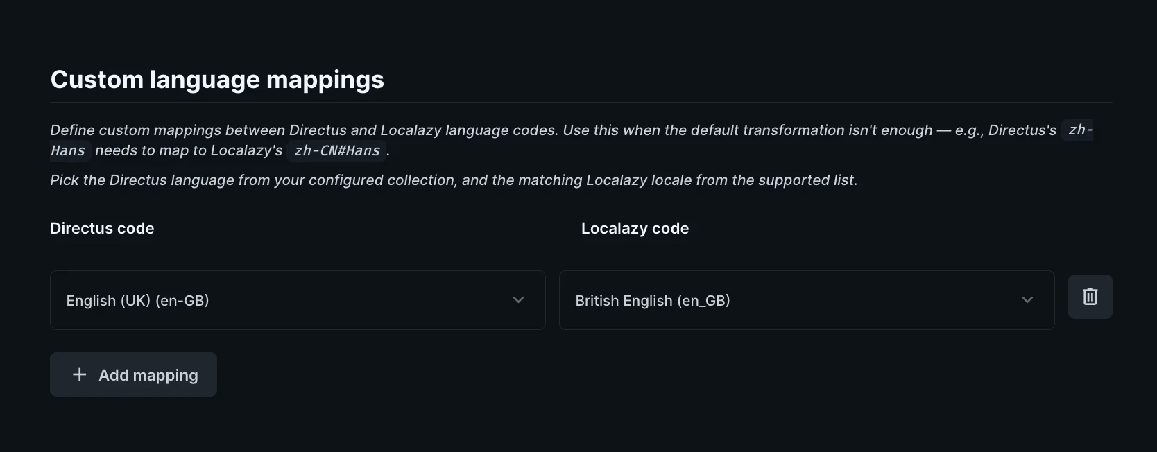 Custom language mappings allow you to match locale codes between Directus and Localazy.