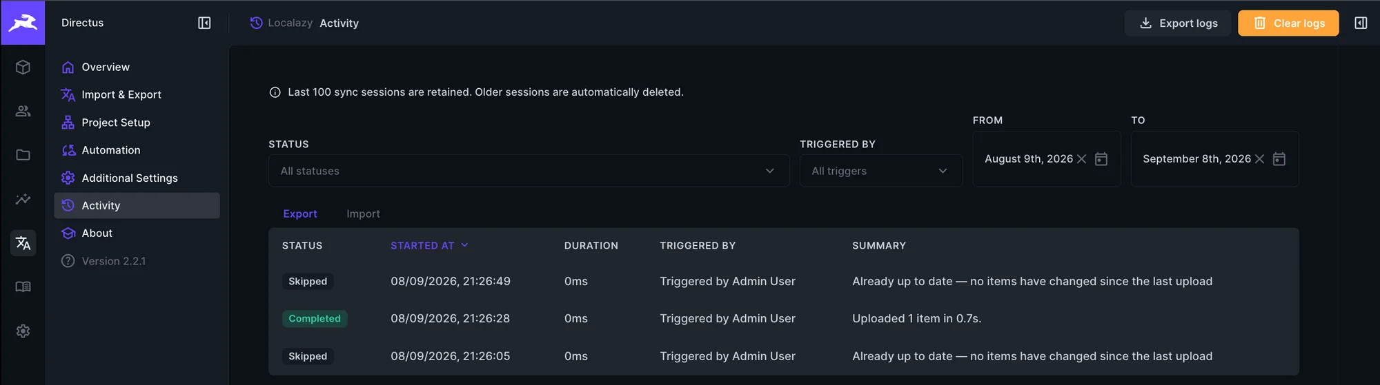 Activity log of the Localazy translation plugin inside the Directus dashboard.